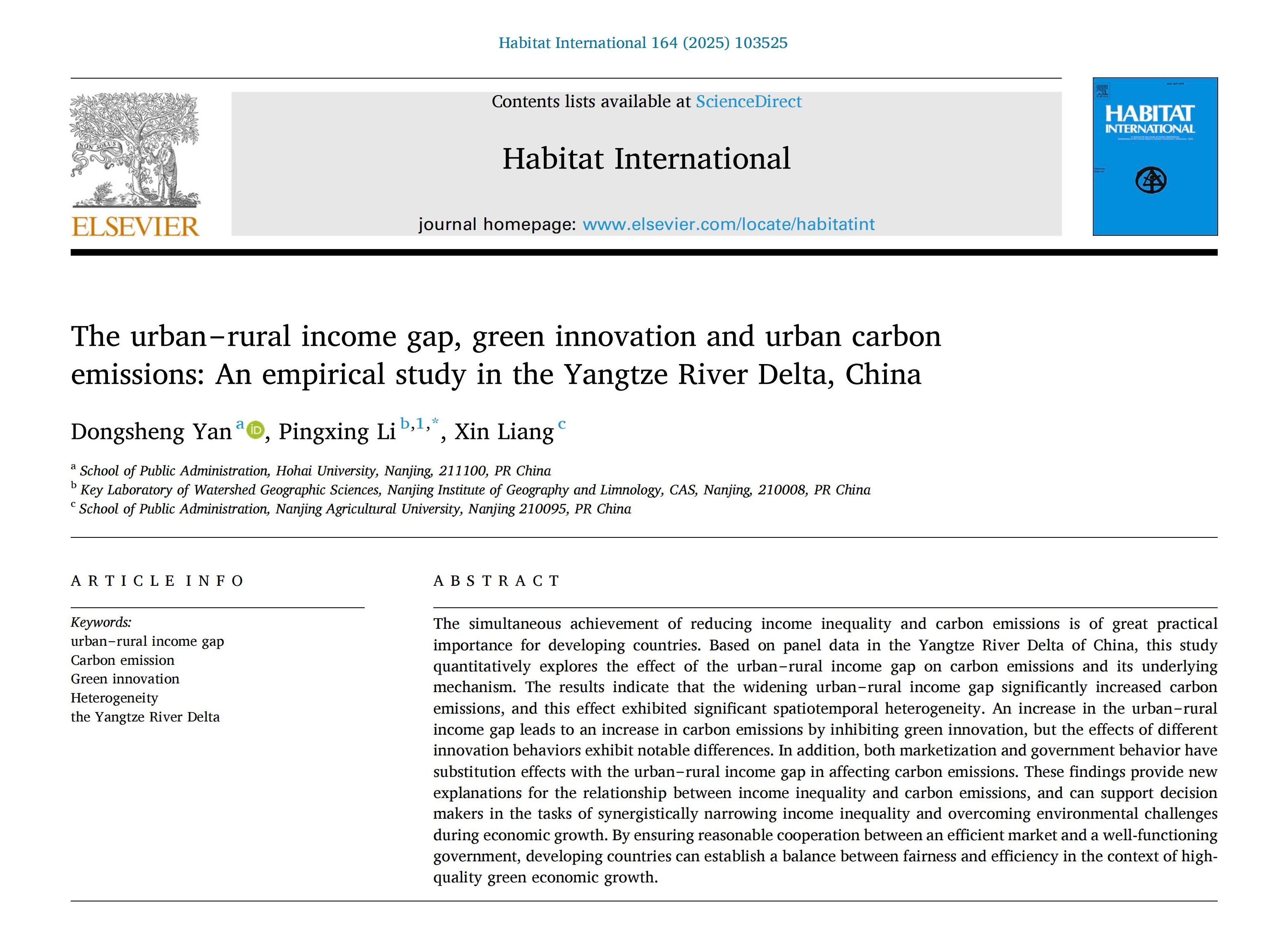 The urban‒rural income gap, green innovation and urban carbon emissions: An empirical study in the Yangtze River Delta, China