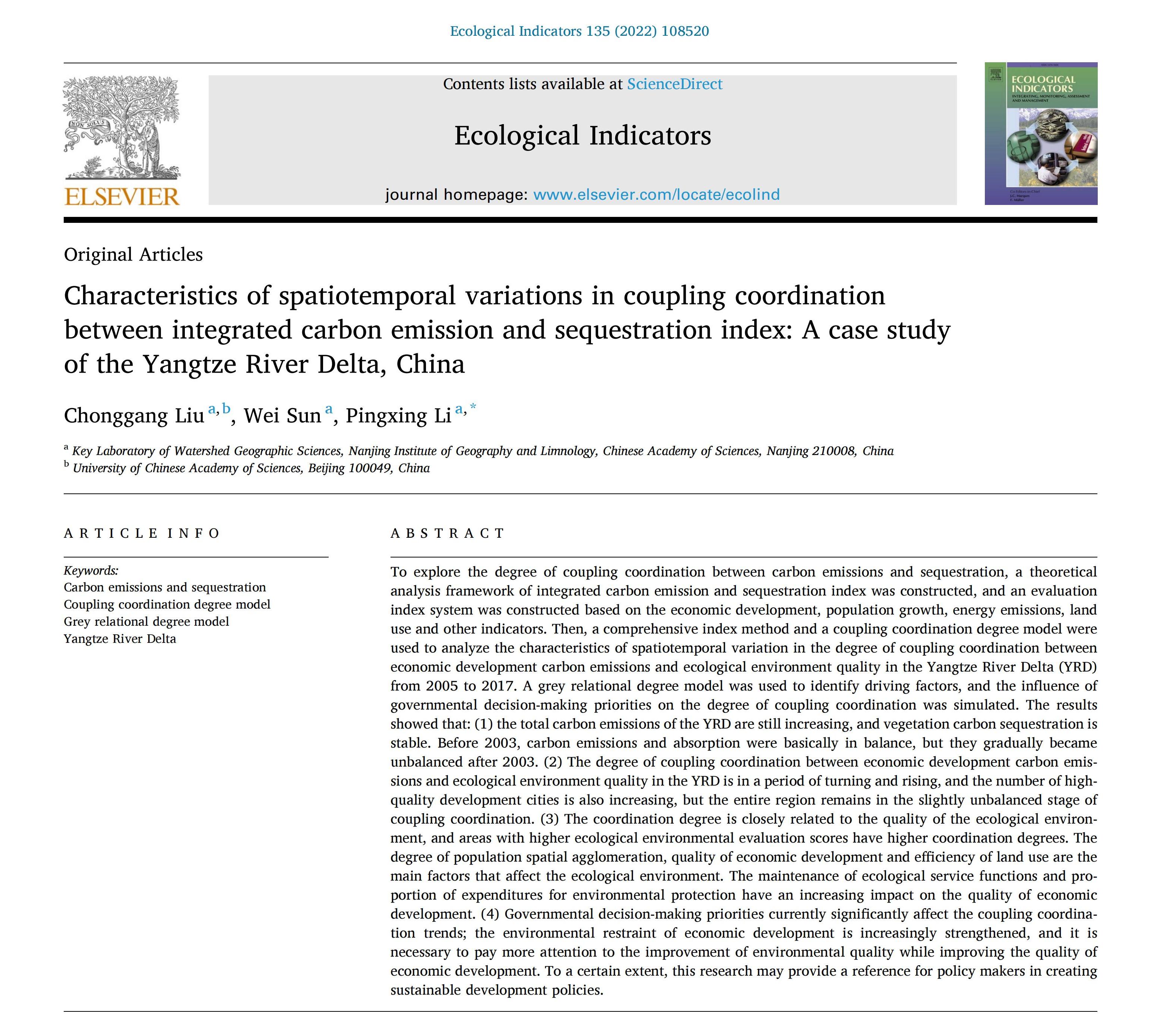 Characteristics of spatiotemporal variations in coupling coordination between integrated carbon emission and sequestration index: A case study of the Yangtze River Delta, China